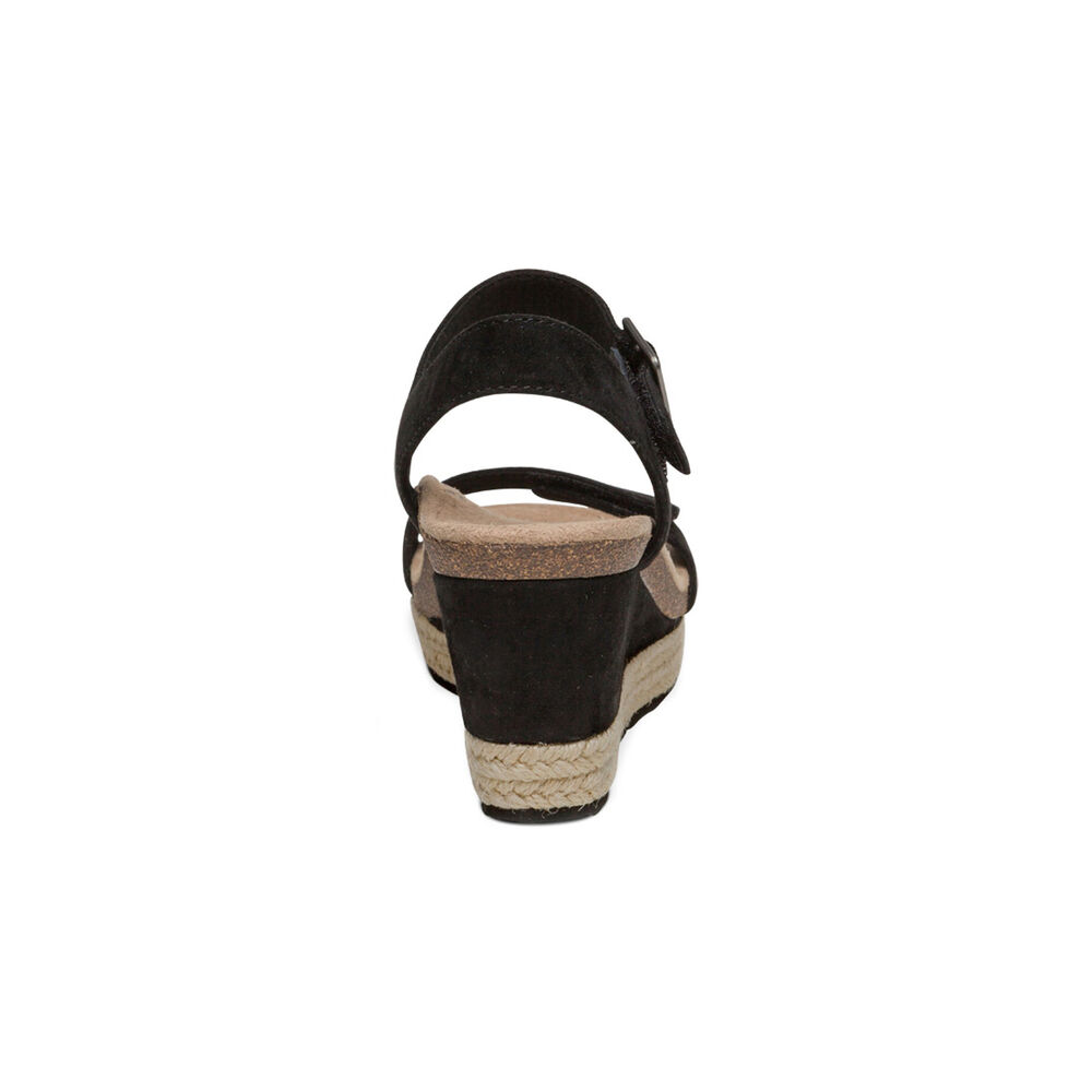 Aetrex Women's Sydney Quarter Strap Espadrille Wedge Sandals - Black | USA MVWGBZE